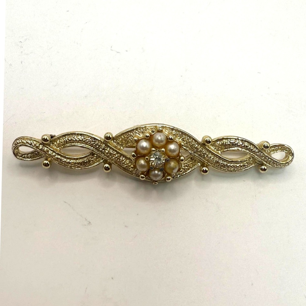 Emmons Gold Tone Bar Brooch Faux Pearl Rhinestone Center Swirl Vintage Pin